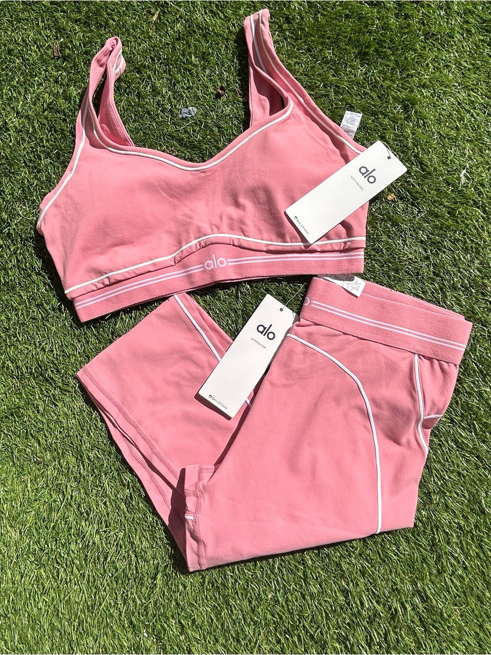 ALO Yoga Pink Sports Bra and Matching Shorts with White Piping